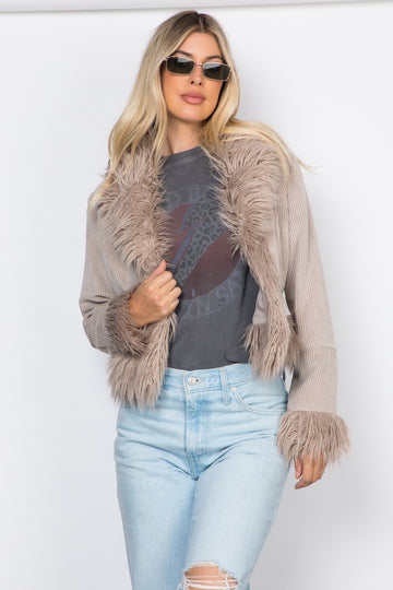 Fur Trim Corduroy Crop Jacket