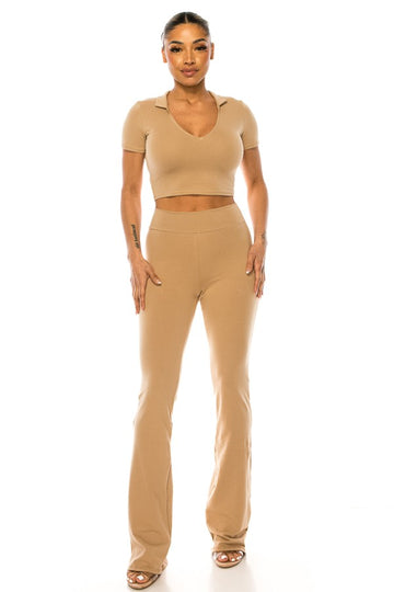 Collared Top Cotton Pant Set