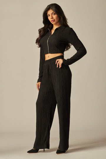 Crinkled Plisse Zip Up Long Sleeve Loungewear Set