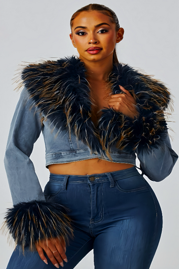Faux Fur Trim Crop Denim Jacket