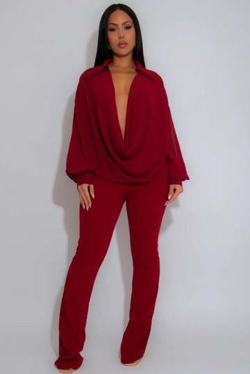 L/S Wide Leg Jumper With Draped Neckline