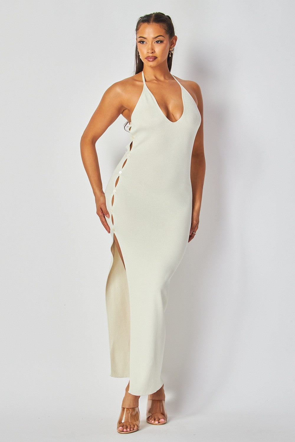 Halter Maxi Dress with Side Button and Slit