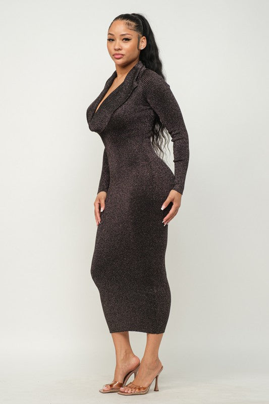 Cow Neck Glitter Ribbed L/S Dress