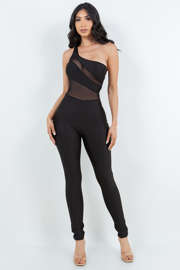 Ice Scuba One Shoulder Mesh Contrast Jumpsuit