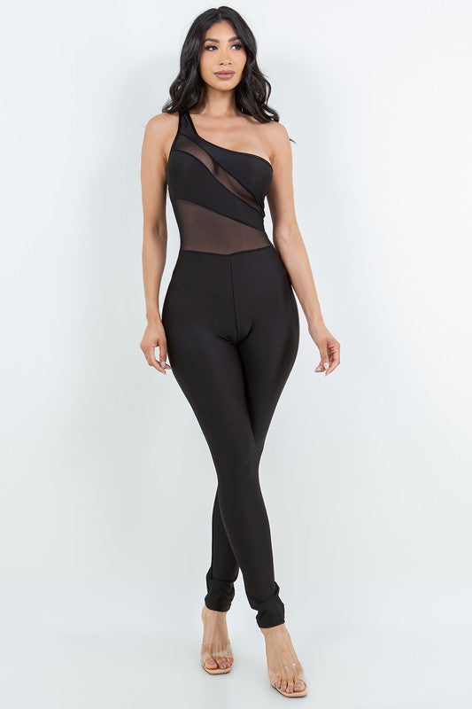 Ice Scuba One Shoulder Mesh Contrast Jumpsuit