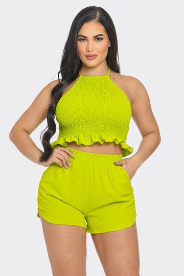 Front Smocking Detail Halter Top And Shorts Set