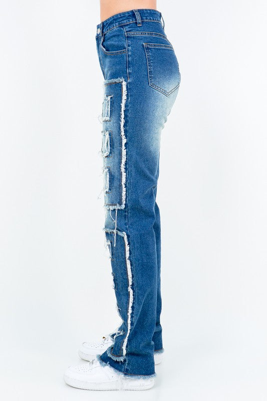 Frayed Edge Patchwork Washed Jeans