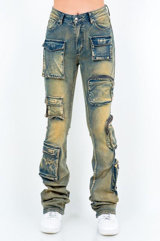 Zipper Pocket Washed Stacked Jeans