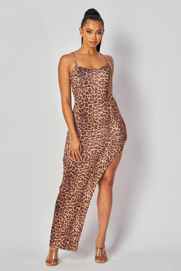 Lizzie Leopard Print Thigh Slit Bodycon Maxi Dress