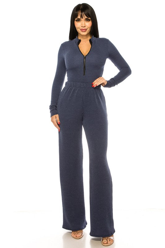 Ribbed Bodysuit and Jogger Set - Navy FASHION LOVE