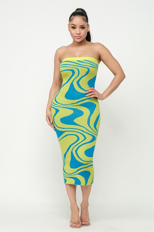 Wave Print Tube Midi Dress