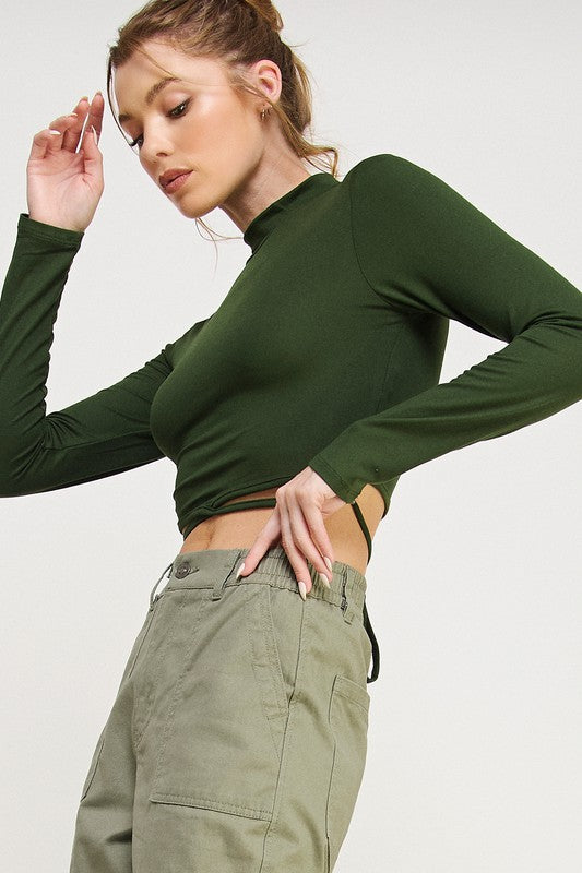 Long Sleeve Self Tie Crop Top AMBIANCE APPAREL