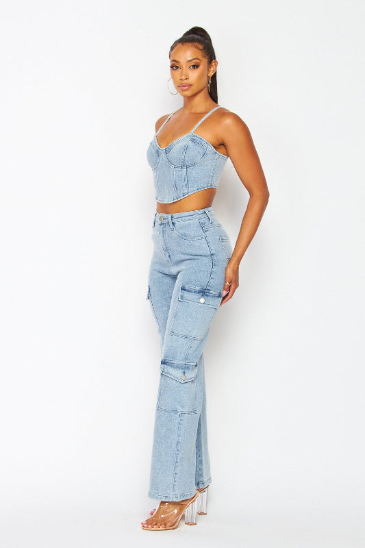 Denim Bustier And Cargo Pants