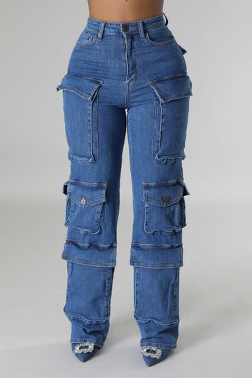 High Rise Cargo Jeans with Multiple Cargo Pockets APHRODITE