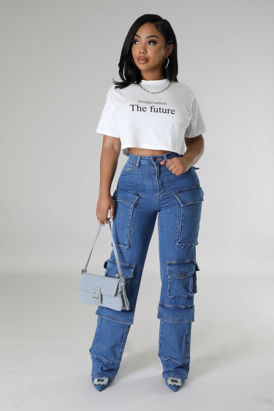 High Rise Cargo Jeans with Multiple Cargo Pockets APHRODITE