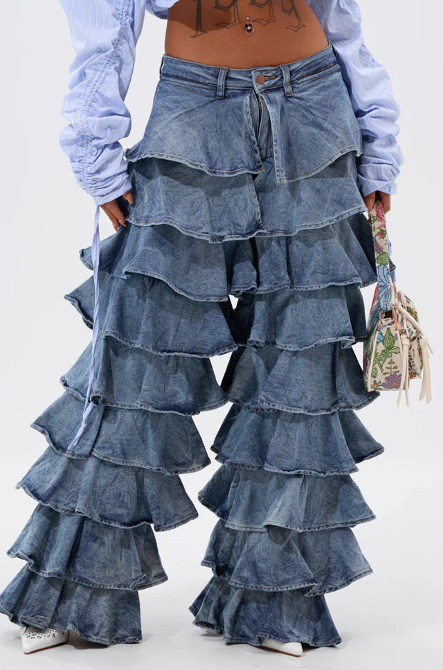 High Waist Wide Leg Layered Ruffles Pants
