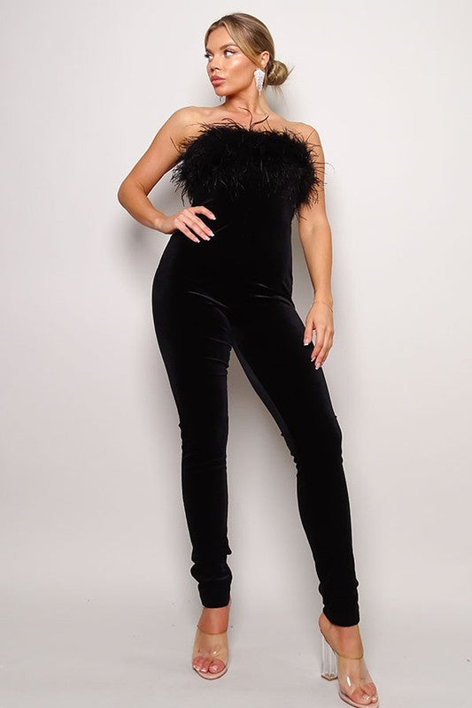 Strapless Feather Trimmed Velvet Catsuit