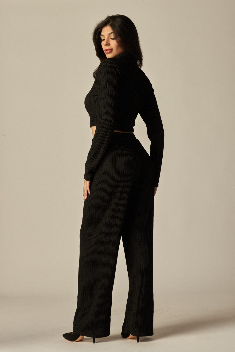 Crinkled Plisse Zip Up Long Sleeve Loungewear Set