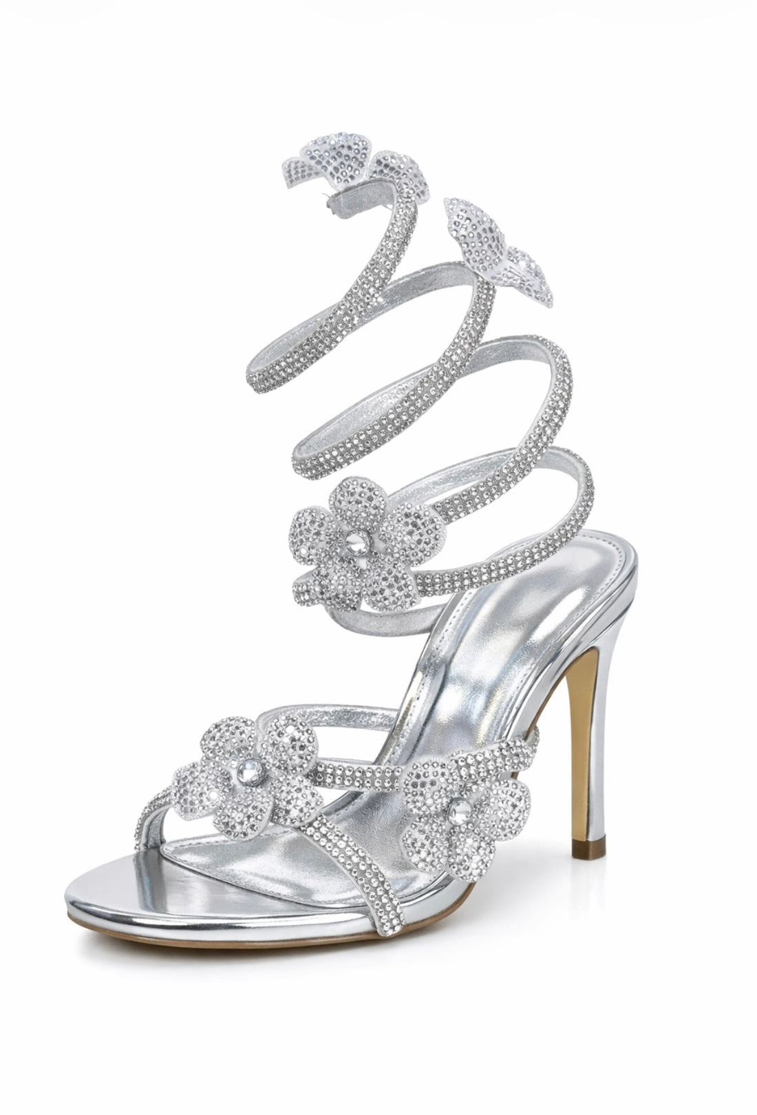 Crystal Flower Rhinestone Ankle Strap Stiletto Heel