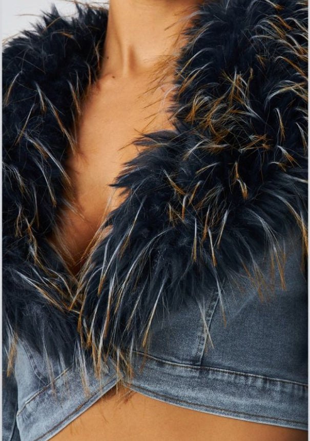 Faux Fur Trim Crop Denim Jacket