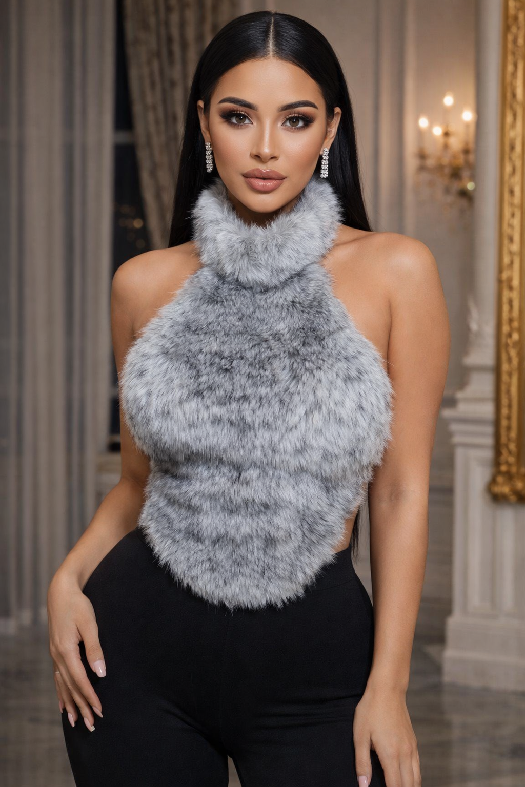 Make a bold statement with this daring fur halter crop top. 