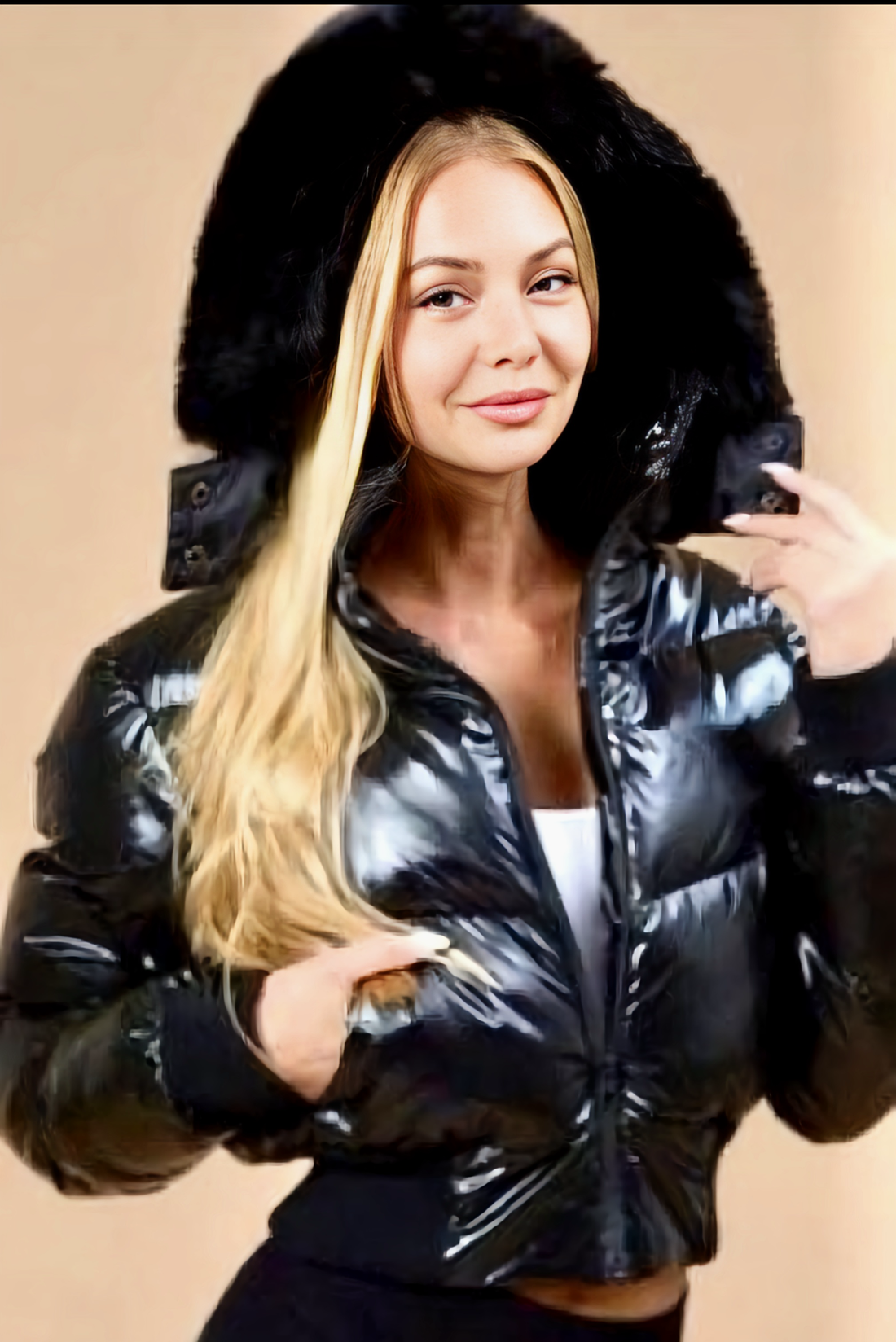 Shinny Puffer Jacket with Fur Trimmed Hood ANWND