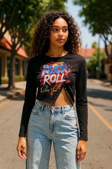 Long Sleeve Asymmetrical Graphic Top With Snap