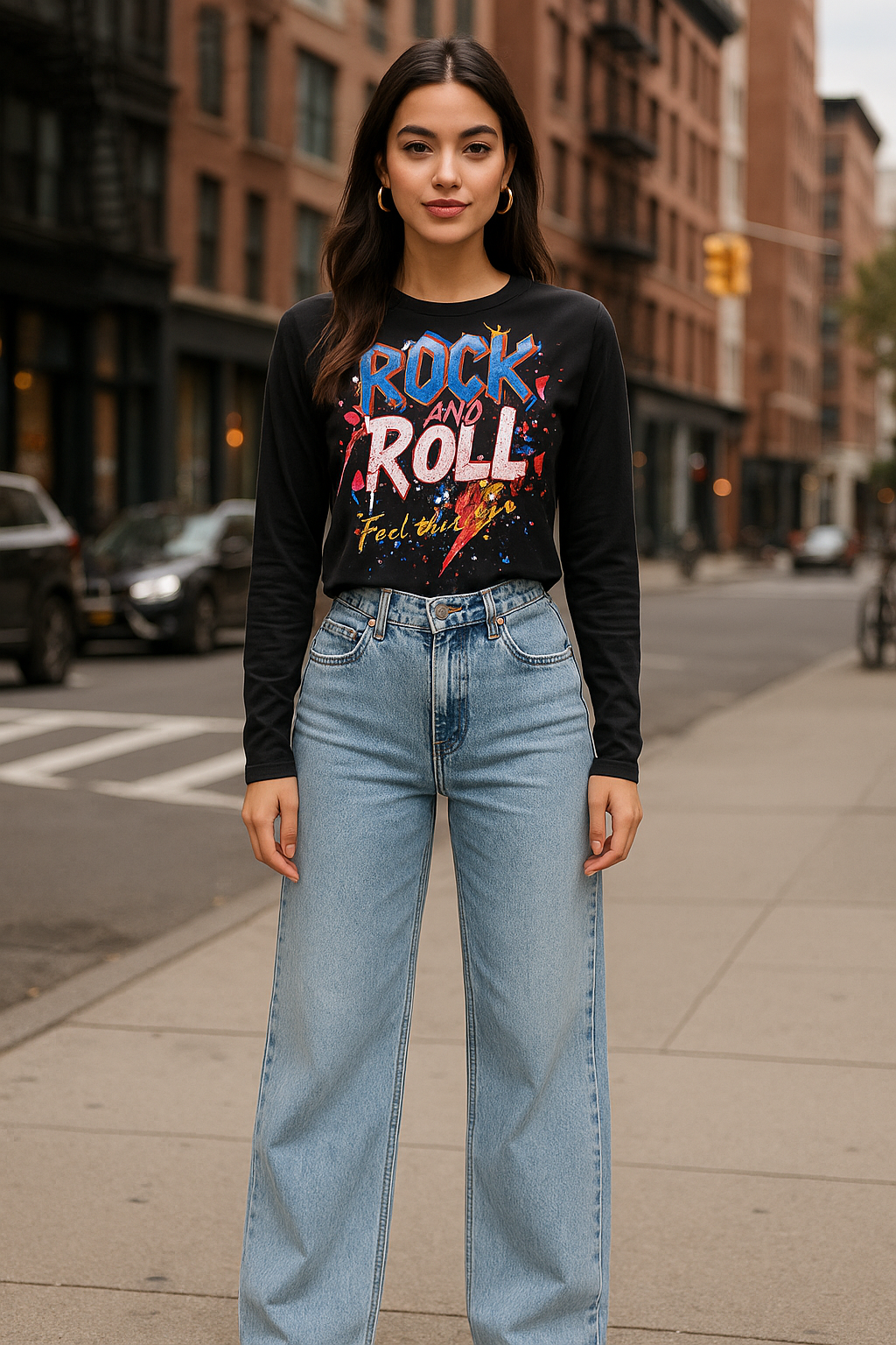 Long Sleeve Asymmetrical Graphic Top With Snap