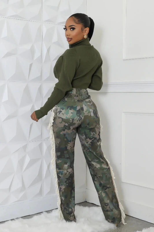 Camo Print High Waist Fringe Pants