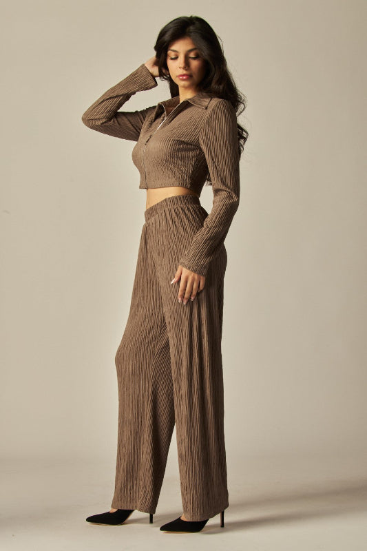 Crinkled Plisse Zip Up Long Sleeve Loungewear Set
