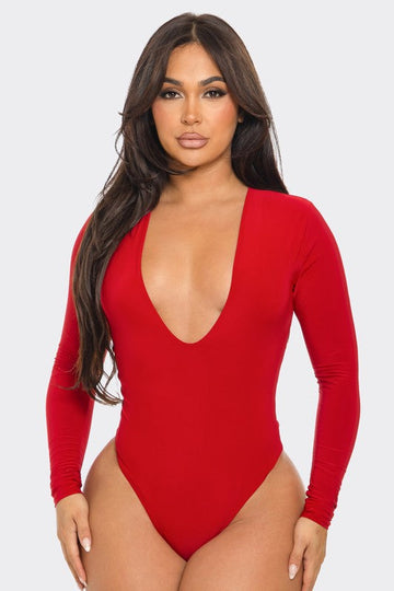 Deep V-Neck Long Sleeve Bodysuit LETS GO APPAREL