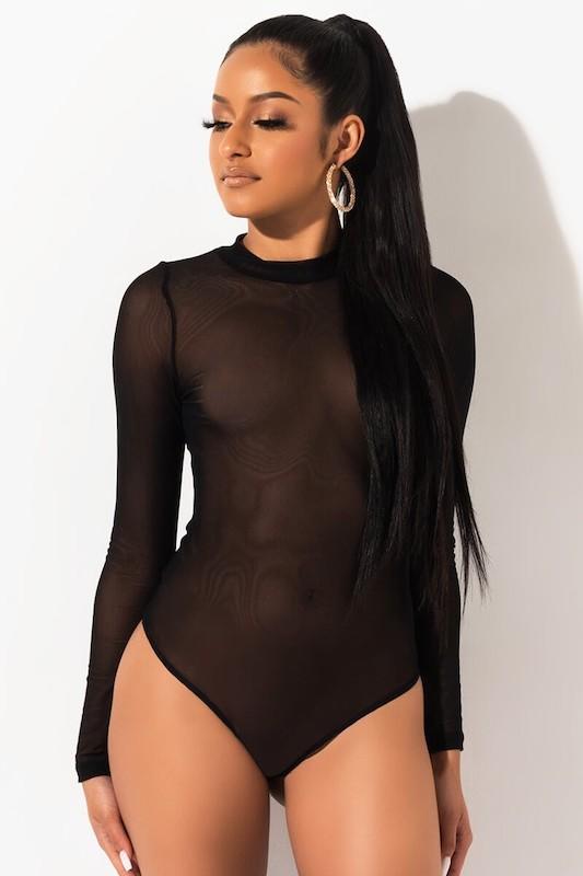 Mock Neck Mesh Long Sleeve Bodysuit LETS GO APPAREL