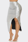 Metallic Ruched Slit Midi Skirt LETS GO APPAREL