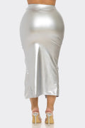 Metallic Ruched Slit Midi Skirt LETS GO APPAREL