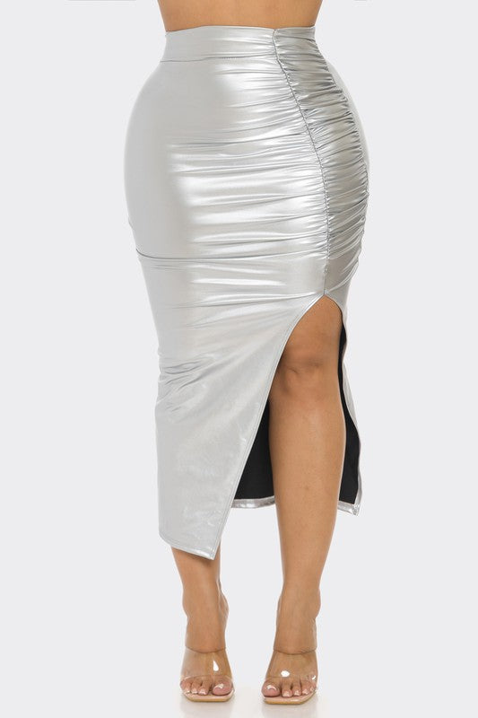 Metallic Ruched Slit Midi Skirt LETS GO APPAREL