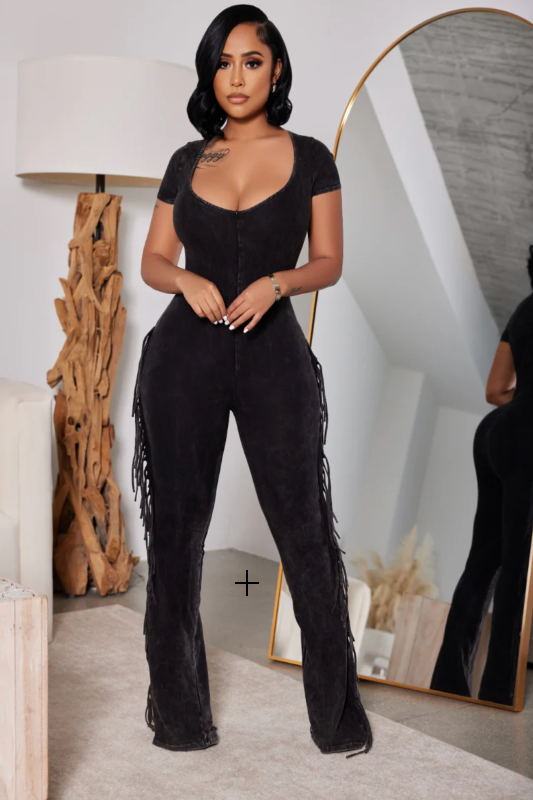 Acid Wash Fringe Jumpsuit K TOO