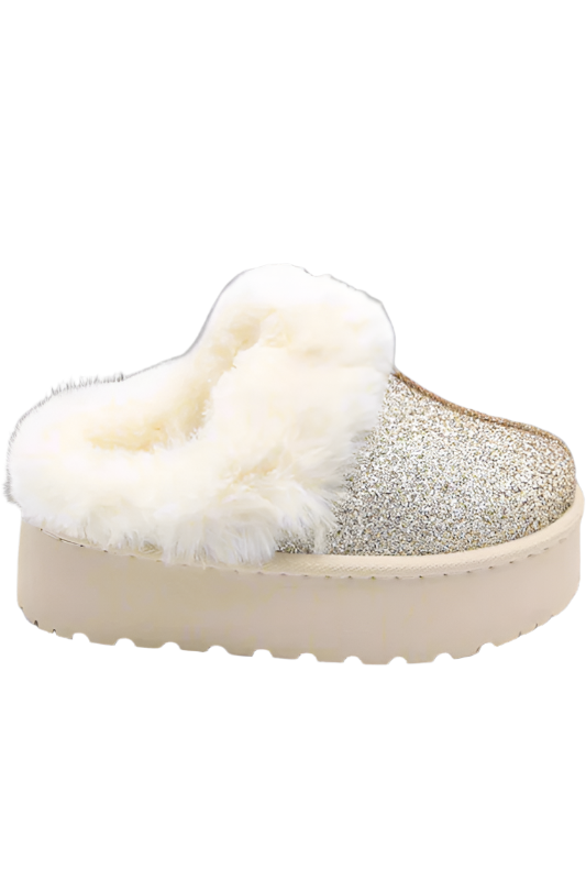 Womens Fleece Glitter Platform Slip-Ons