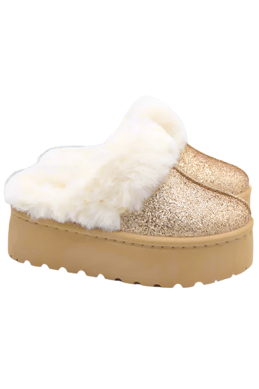 Womens Fleece Glitter Platform Slip-Ons