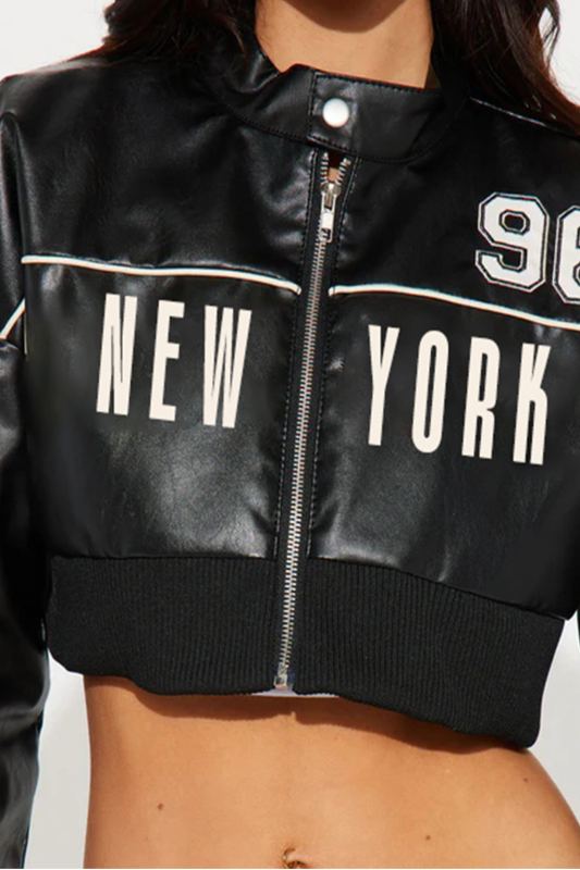 PU Crop New York Biker Jacket