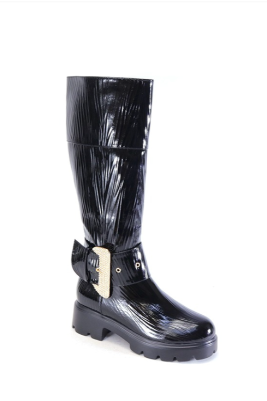 PU Rhinestone Buckle Knee Boot