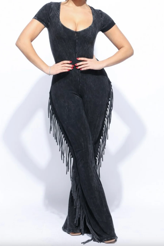 Mineral Washed Fringed Jumpsuit