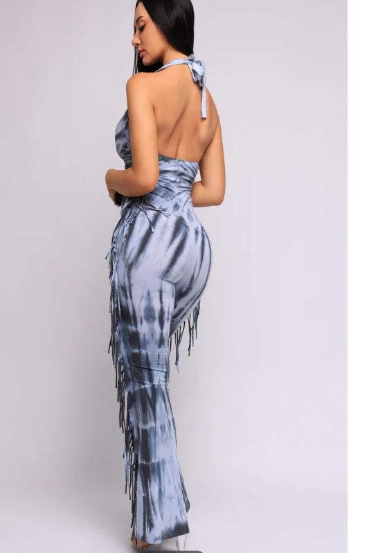 Tie Dye Fringed Halter Jumpsuit
