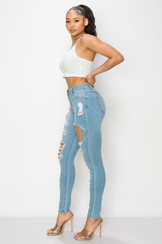 High Rise Hole Heavy Destroy Skinny Jeans ENCORE JEANS.CORP