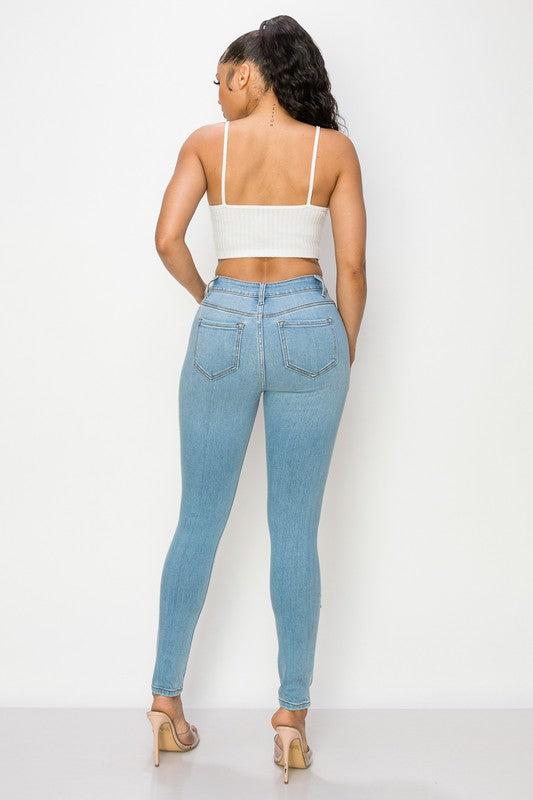 High Rise Hole Heavy Destroy Skinny Jeans ENCORE JEANS.CORP