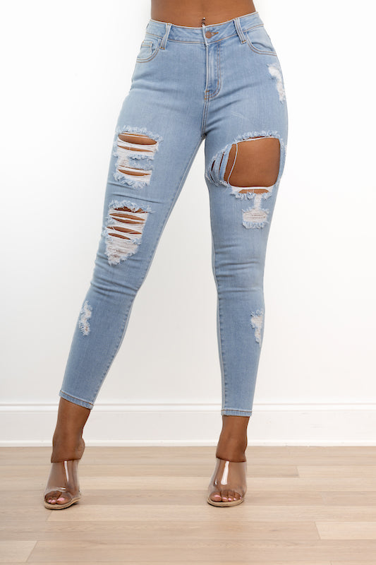 High Rise Hole Heavy Destroy Skinny Jeans ENCORE JEANS.CORP