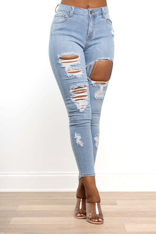 High Rise Hole Heavy Destroy Skinny Jeans ENCORE JEANS.CORP