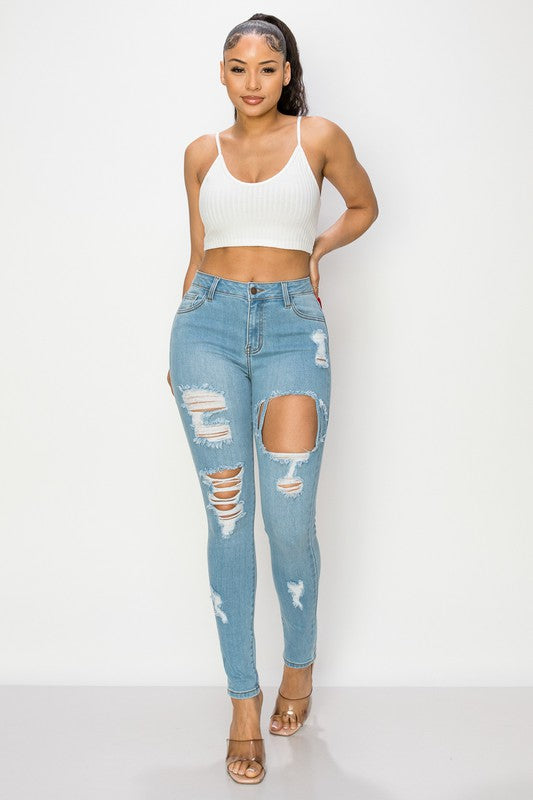High Rise Hole Heavy Destroy Skinny Jeans ENCORE JEANS.CORP