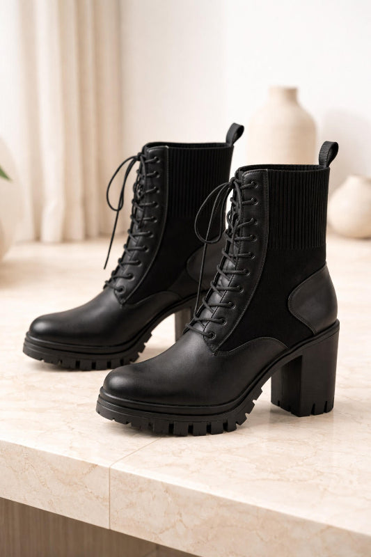 Elevate your wardrobe with our Lace Up Platform Ankle Block Bootie.