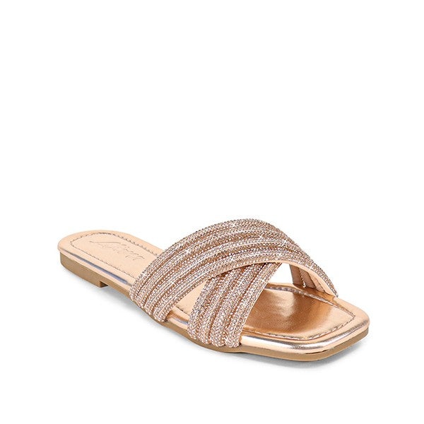 Criss Cross Rhinestone Strap Flat Sandal