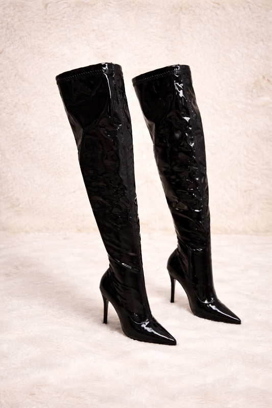 - Faux Patent- Over the Knee Thigh High Boots- Pointy Toe- Sock-Like Fit- 